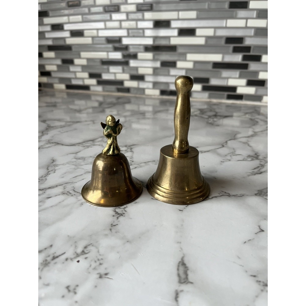 Vintage Brass Bells Angel & Hand Bell Lot Of Two Natural Patina
